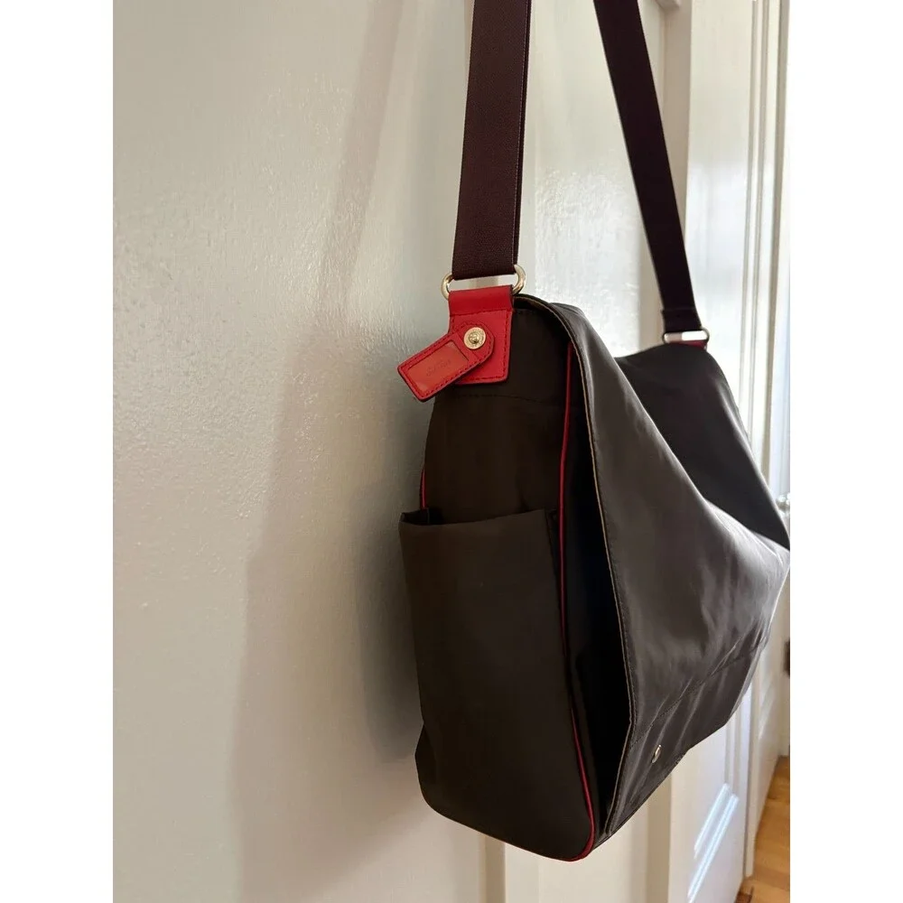 Kate Spade New York brown + red nylon + leather Baby Bag Tote messenger workbag